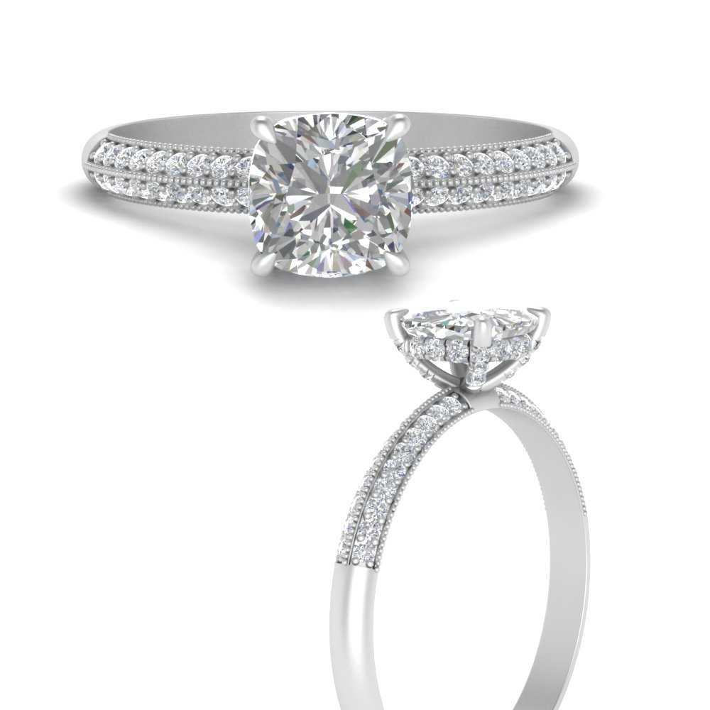 Cushion Cut Knife Edge Under Halo Engagement Ring In 14K White Gold